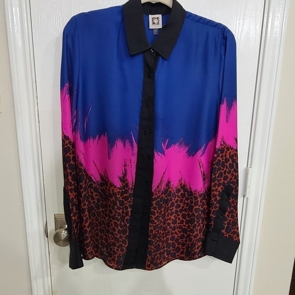 ANNE KLEIN BLUE PINK MULTI PRINT Button Down Blouse Top Shirt Womens  14 - Picture 8 of 9